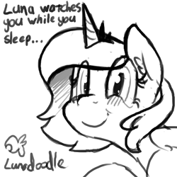 Size: 1280x1280 | Tagged: safe, artist:darkflame75, character:princess luna, species:alicorn, species:pony, lunadoodle, blushing, bust, cute, female, filly, grayscale, monochrome, portrait, smiling, solo, woona