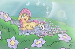Size: 3315x2145 | Tagged: safe, artist:mrscurlystyles, artist:nayolfa, character:angel bunny, character:fluttershy, species:pony, butterfly, collaboration, cute, dreamscape, dreamy, flower, flower field, flower patch, looking at something, looking up, lying down, open mouth, prone, river