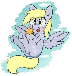 Size: 1087x1145 | Tagged: safe, artist:notenoughapples, character:derpy hooves, species:pegasus, species:pony, blushing, cute, female, flying, mare, muffin, solo, that pony sure does love muffins, tongue out, underhoof