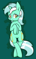 Size: 640x1039 | Tagged: safe, artist:notenoughapples, character:lyra heartstrings, female, frown, on back, sad, solo