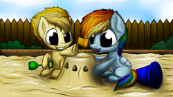 Size: 1024x576 | Tagged: safe, artist:lupiarts, character:rainbow dash, character:spitfire, bucket, cute, cutefire, dashabetes, diabetes, female, filly, filly rainbow dash, filly spitfire, flag, fun, grin, hoof hold, open mouth, sandbox, sandcastle, shovel, sitting, smiling, underhoof, younger