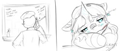 Size: 1123x475 | Tagged: safe, artist:alloyrabbit, oc, oc only, oc:anon, oc:orchid, species:human, bored, comic, dialogue, floppy ears, frown, ice pack, kaiju pony, phone, sick, sketch, thermometer