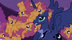 Size: 1000x560 | Tagged: safe, artist:capnpea, edit, edited screencap, screencap, character:princess luna, character:scootaloo, species:pegasus, species:pony, episode:luna eclipsed, g4, my little pony: friendship is magic, fimbriae, mane, multeity, scootalots, tail, terry, wat