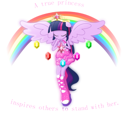 Size: 7000x6332 | Tagged: safe, artist:theshadowstone, character:twilight sparkle, character:twilight sparkle (alicorn), species:alicorn, my little pony:equestria girls, absurd resolution, big crown thingy, boots, clothing, dress, elements of harmony, eyes closed, fall formal outfits, female, floppy ears, high heel boots, ponied up, pony ears, quote, rainbow, simple background, smiling, solo, sparkles, spread wings, transparent background, vector, wings