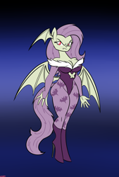 Size: 1367x2020 | Tagged: safe, artist:mofetafrombrooklyn, character:flutterbat, character:fluttershy, species:anthro, species:unguligrade anthro, breasts, busty fluttershy, darkstalkers, female, morrigan aensland, solo, stupid sexy flutterbat, succubus
