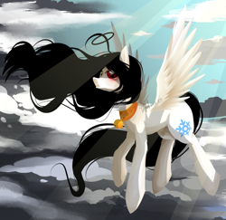 Size: 800x777 | Tagged: safe, artist:snow angel, oc, oc only, oc:snow angel, species:pegasus, species:pony, bell, bell collar, blushing, collar, digital art, female, flying, heterochromia, red eyes, sky, solo, spread wings, wings, yellow eyes