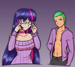 Size: 1191x1065 | Tagged: safe, artist:scorpdk, character:spike, character:twilight sparkle, species:human, abs, choker, clothing, cute, female, glasses, humanized, male, older, older spike, open clothes, open shirt, smiling
