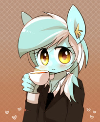 Size: 984x1200 | Tagged: safe, artist:joycall6, character:lyra heartstrings, species:anthro, species:unicorn, g4, abstract background, ambiguous facial structure, business suit, clothing, coffee, cup, ear fluff, earbuds, female, looking at you, mare, solo, suit, teacup