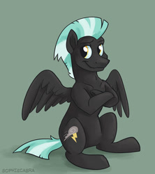 Size: 888x1000 | Tagged: safe, artist:spainfischer, character:thunderlane, species:pegasus, species:pony, background pony, backwards cutie mark, crossed hooves, cute, looking at you, male, simple background, sitting, smiling, smirk, solo, spread wings, stallion, underhoof, wings