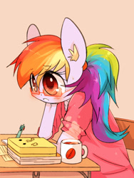 Size: 825x1100 | Tagged: safe, artist:joycall6, character:rainbow dash, species:anthro, species:pegasus, g4, ambiguous facial structure, blushing, coffee, eye clipping through hair, eyebrows, eyebrows visible through hair, female, glasses, hand, hand on head, mare, mug, pen, solo, studying