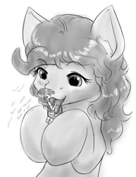 Size: 673x870 | Tagged: safe, artist:alloyrabbit, character:pinkie pie, species:human, species:pony, cute, ear fluff, giant pony, giggling, grayscale, human ponidox, humanized, laughing, licking, macro, monochrome, monologue, ponidox, size difference, tongue out