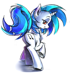 Size: 892x957 | Tagged: safe, artist:gsphere, character:dj pon-3, character:vinyl scratch, backwards cutie mark, bedroom eyes, bling, earring, female, grin, jewelry, looking at you, looking back, missing accessory, necklace, pearl, piercing, plot, raised hoof, red eyes, solo, tail wrap, underhoof