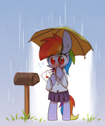 Size: 1500x1800 | Tagged: safe, artist:joycall6, character:rainbow dash, species:pony, bipedal, blushing, clothing, female, letter, love letter, mailbox, mare, necktie, rain, semi-anthro, skirt, solo, umbrella, wingless