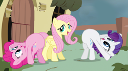 Size: 640x359 | Tagged: safe, artist:capnpea, edit, edited screencap, screencap, character:fluttershy, character:pinkie pie, character:rarity, species:pony, episode:putting your hoof down, g4, my little pony: friendship is magic, backbend, bipedal, fimbriae, flexible, wat