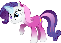 Size: 4982x3490 | Tagged: safe, artist:illumnious, character:rarity, oc, oc:flares midnight, .ai available, absurd resolution, changing, female, horn, magic, mane, simple background, solo, switch, tail, transformation, transparent background, vector