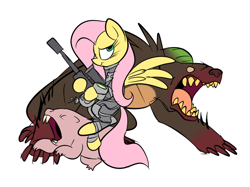 Size: 748x560 | Tagged: safe, artist:metal-kitty, character:fluttershy, species:pegasus, species:pony, crossover, fallout, fallout 3, female, flying, gun, hooves, mare, naked mole rat, optical sight, recon armor, rifle, simple background, sniper rifle, solo, spread wings, stealth boy, weapon, white background, wings, yao guai