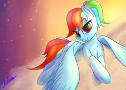 Size: 4133x2952 | Tagged: safe, artist:elzzombie, character:rainbow dash, alternate hairstyle, cloud, cloudy, female, flying, ponytail, solo