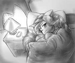 Size: 856x729 | Tagged: safe, artist:alloyrabbit, character:sunset shimmer, oc, oc:anon, species:human, species:pony, species:unicorn, bed, bedside stand, blanket, blushing, canopy bed, crying, curled up, curtains, lamp, micro, monochrome, pillow, sad, shading, size difference, sketch, snuggling, tissue