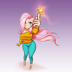 Size: 1514x1514 | Tagged: safe, artist:scorpdk, character:fluttershy, species:human, big breasts, breasts, busty fluttershy, butterfly, female, humanized, smiling, solo