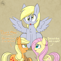 Size: 1900x1900 | Tagged: safe, artist:notenoughapples, character:applejack, character:derpy hooves, character:fluttershy, species:pegasus, species:pony, dialogue, female, jurassic park, mare, parody