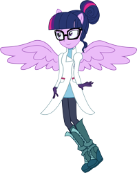 Size: 5220x6570 | Tagged: safe, artist:illumnious, character:twilight sparkle, character:twilight sparkle (scitwi), species:eqg human, equestria girls:friendship games, g4, my little pony: equestria girls, my little pony:equestria girls, absurd resolution, clothing, eared humanization, female, glasses, lab coat, ponied up, scitwilicorn, simple background, solo, transparent background, vector, winged humanization