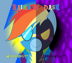 Size: 3200x2800 | Tagged: safe, artist:mofetafrombrooklyn, character:rainbow dash, choice, clothing, costume, female, shadowbolt dash, shadowbolts, shadowbolts costume, solo, split screen, two sided posters, wonderbolts