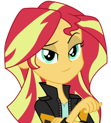 Size: 4037x4476 | Tagged: safe, artist:illumnious, character:sunset shimmer, equestria girls:friendship games, g4, my little pony: equestria girls, my little pony:equestria girls, absurd resolution, clothing, female, leather jacket, looking at you, raised eyebrow, simple background, smug, smugface, solo, transparent background, vector