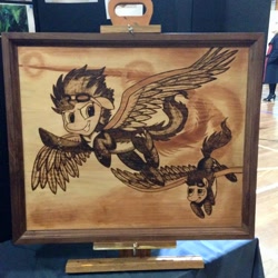 Size: 960x960 | Tagged: safe, artist:hooved-hobbyist, artist:spainfischer, character:soarin', character:spitfire, species:pony, craft, goggles, irl, photo, pyrography, wonderbolts uniform, woodwork