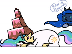 Size: 1280x960 | Tagged: safe, artist:flutterluv, character:princess celestia, character:princess luna, species:alicorn, species:pony, newbie artist training grounds, cake, cakelestia, dialogue, duo, eyes closed, majestic as fuck, messy, messy eating, pointing, prone, simple background, speech bubble, white background