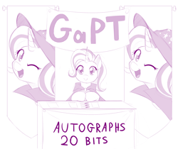 Size: 1280x1075 | Tagged: safe, artist:dstears, character:trixie, species:pony, species:unicorn, banner, c:, cute, diatrixes, female, great and powerful, head tilt, looking at you, mare, monochrome, open mouth, prple, simple background, smiling, white background, wink