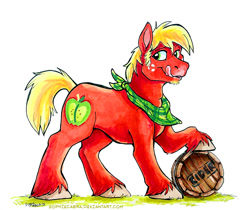Size: 950x798 | Tagged: safe, artist:spainfischer, character:big mcintosh, species:earth pony, species:pony, apple cider (drink), barrel, cider, clothing, grass, male, open mouth, scarf, signature, simple background, solo, stallion, tongue out, traditional art