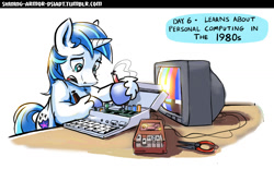 Size: 1152x712 | Tagged: safe, artist:gsphere, character:shining armor, species:pony, species:unicorn, computer, electronics, male, pliers, shining armor does something i also did today, soldering iron, solo, stallion, tape recorder, television