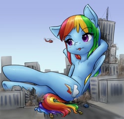 Size: 858x820 | Tagged: safe, artist:alloyrabbit, character:rainbow dash, species:pegasus, species:pony, alternate hairstyle, armpits, blushing, cheek fluff, chest fluff, city, colored, crossed hooves, cute, destruction, ear fluff, female, giant pony, giant rainbow dash, giantess, helicopter, hooves behind head, human shoulders, leg fluff, looking, looking at something, macro, mare, mega/giant rainbow dash, reclining, semi-anthro, sitting, sky, skyscraper, solo, tongue out, underhoof, vehicle