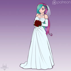 Size: 1024x1024 | Tagged: safe, artist:scorpdk, character:princess celestia, species:human, alternate hairstyle, beautiful, bouquet, braid, bride, clothing, cute, cutelestia, dress, eye clipping through hair, female, flower, gradient background, hair over one eye, humanized, looking at you, necklace, patreon, rose, smiling, solo, wedding dress, wedding veil