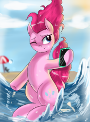 Size: 2000x2700 | Tagged: safe, artist:mrscurlystyles, character:pinkie pie, beach, female, phone, selfie, smartphone, solo, water
