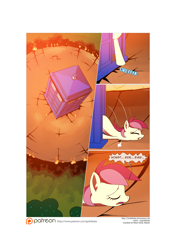 Size: 3541x5016 | Tagged: safe, artist:gashiboka, character:roseluck, species:earth pony, species:pony, comic:recall the time of no return, blep, comic, crater, doctor who, eyes closed, female, grimdark series, patreon, patreon logo, prone, solo, tardis, tired, tongue out