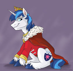 Size: 900x878 | Tagged: safe, artist:spainfischer, character:shining armor, cape, clothing, crown, cute, king, male, patreon, reward, robe, sitting, smiling, smirk, solo