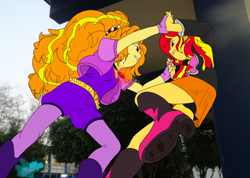 Size: 1214x865 | Tagged: safe, artist:alloyrabbit, artist:tonystorm12, edit, character:adagio dazzle, character:sunset shimmer, my little pony:equestria girls, amulet, black underwear, boots, clean, clothing, colored, equestria girls in real life, face to face, fight, necklace, panties, signature, skirt, underwear, upskirt