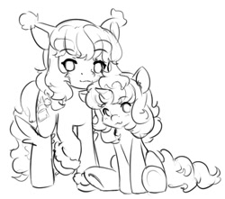 Size: 595x526 | Tagged: safe, artist:alloyrabbit, character:sweetie belle, oc, oc:truffle, alternate hairstyle, monochrome, sitting, sketch