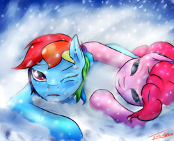 Size: 4724x3838 | Tagged: safe, artist:elzzombie, character:pinkie pie, character:rainbow dash, dying, injured, snow, snowfall