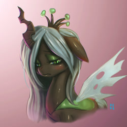 Size: 1896x1896 | Tagged: safe, artist:mrs1989, character:queen chrysalis, species:changeling, blushing, changeling queen, chromatic aberration, female, floppy ears, sad, solo