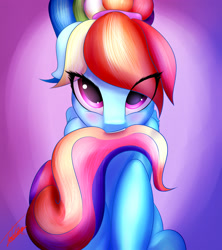 Size: 3248x3661 | Tagged: safe, artist:elzzombie, character:rainbow dash, blushing, female, looking at you, solo, tail bite