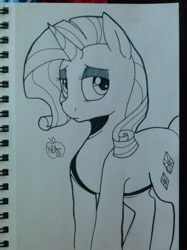 Size: 1280x1707 | Tagged: safe, artist:notenoughapples, character:rarity, female, looking at you, monochrome, notepad, sketch, solo, traditional art