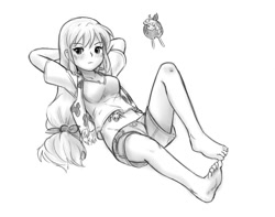 Size: 936x736 | Tagged: safe, artist:alloyrabbit, edit, character:applejack, species:human, barefoot, belly button, clothing, cropped, feet, grayscale, humanized, micro, midriff, monochrome, short shirt, shorts