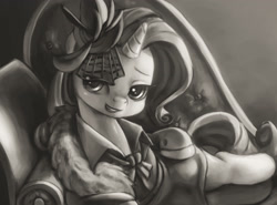 Size: 3348x2480 | Tagged: safe, artist:mrs1989, character:rarity, species:pony, species:unicorn, episode:rarity investigates, g4, my little pony: friendship is magic, clothing, draw me like one of your french girls, fainting couch, female, grayscale, mare, monochrome, smiling, solo