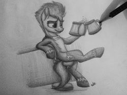 Size: 640x480 | Tagged: safe, artist:lupiarts, character:spitfire, bipedal leaning, cider, drink, female, grayscale, leaning, monochrome, pencil, pencil drawing, photo, solo, traditional art, wonderbolts, wonderbolts uniform