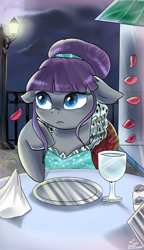 Size: 2600x4500 | Tagged: safe, artist:mrscurlystyles, character:maud pie, alternate hairstyle, clothing, dress, female, floppy ears, hair bun, lamp, napkin, petals, plate, salt shaker, solo, wine glass