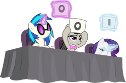 Size: 8544x5632 | Tagged: safe, artist:illumnious, character:dj pon-3, character:octavia melody, character:rarity, character:vinyl scratch, species:earth pony, species:pony, species:unicorn, ponyscape, episode:bloom and gloom, g4, my little pony: friendship is magic, .svg available, absurd resolution, background pony, bow tie, card, covering eyes, dream, eyes closed, female, glowing horn, hoof hold, hooves, horn, judges, levitation, magic, mare, numbers, simple background, sunglasses, table, telekinesis, transparent background, vector