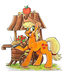 Size: 840x950 | Tagged: safe, artist:spainfischer, character:applejack, apple, cart, female, open mouth, pie, raised hoof, solo, traditional art