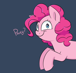 Size: 1280x1231 | Tagged: safe, artist:notenoughapples, character:pinkie pie, species:earth pony, species:pony, creepy smile, female, looking at you, mare, one word, party, shrunken pupils, simple background, smiling, solo